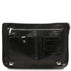 Front Pocket View Of The Black Leather Messenger Bag For Men