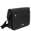 Angled View Of The Black Leather Messenger Bag For Men