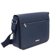 Angled View Of The Dark Blue Leather Messenger Bag For Men