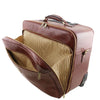 Front Zipper Compartment View Of The Brown Leather Pilot Case With Wheels