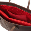 Internal Pocket And Central Compartment View Of The Dark Brown Leather Shopping Tote Bag