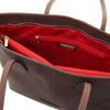 Internal Zip Pocket And Central Compartment View Of The Dark Brown Leather Shopping Tote Bag