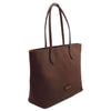 Angled View Of The Dark Brown Leather Shopping Tote Bag