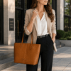 Woman In The Street With The Natural Leather Shopping Tote Bag
