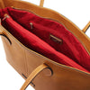 Internal Zip Pocket And Central Compartment View Of The Natural Leather Shopping Tote Bag