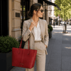 Woman In The Street With The Red Leather Shopping Tote Bag
