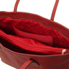 Internal Pocket And Central Compartment View Of The Red Leather Shopping Tote Bag