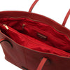 Internal Zip Pocket And Central Compartment View Of The Red Leather Shopping Tote Bag