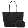 Front View Of The Black Leather Shoulder bag and Soft Leather Toiletry Case