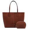 Front View Of The Brown Leather Shoulder bag and Soft Leather Toiletry Case