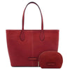 Front View Of The Red Leather Shoulder bag and Soft Leather Toiletry Case
