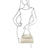 Woman Posing With The Beige Leather Tote Bag