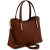 Angled And Shoulder Strap View Of The Brown Leather Tote Bag