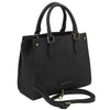 Angled And Shoulder Strap View Of The Black Leather Tote Handbag