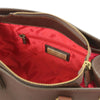 Internal Zip Pocket View Of The Dark Brown Leather Tote Handbag