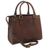 Angled And Shoulder Strap View Of The Dark Brown Leather Tote Handbag