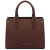 Front View Of The Dark Brown Leather Tote Handbag