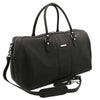 Angled View Of The Black Leather Travel Duffle Bag Large