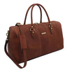 Angled View Of The Brown Leather Travel Duffle Bag Large