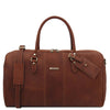 Front View Of The Brown Leather Travel Duffle Bag Large