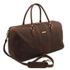 Angled View Of The Dark Brown Leather Travel Duffle Bag Large