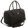 Angled And Shoulder Strap View Of The Black Leather Travel Duffle Bag Small