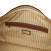 Internal Zip Pocket View Of The Brown Leather Travel Duffle Bag Small