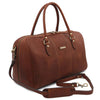 Angled And Shoulder Strap View Of The Brown Leather Travel Duffle Bag Small