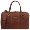 Front View Of The Brown Leather Travel Duffle Bag Small