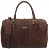 Front View Of The Dark Brown Leather Travel Duffle Bag Small
