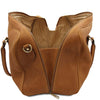 Full Zip Closure View Of The Natural Leather Travel Duffle Bag Small