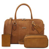 Leather Travel Gift Set including duffle bag, toiletry bag, and passport cover in natural finish.