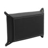 Leather Valet Tray in black leather with white stitching, perfect for organizing everyday essentials.