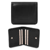 Front And Open View Of The Black Leather Wallet With Coin Pocket
