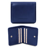 Front And Open View Of The Blue Leather Wallet With Coin Pocket