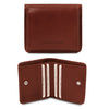 Front And Open View Of The Brown Leather Wallet With Coin Pocket