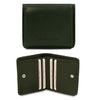 Front And Open View Of The Forest Green Leather Wallet With Coin Pocket