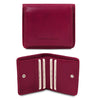 Front And Open View Of The Fuchsia Leather Wallet With Coin Pocket