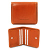 Front And Open View Of The Orange Leather Wallet With Coin Pocket