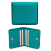 Front And Open View Of The Turquoise Leather Wallet With Coin Pocket