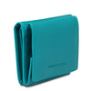 Angled View Of The Turquoise Leather Wallet With Coin Pocket