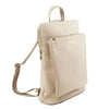 Angled View Of The Beige Leather Backpack Ladies