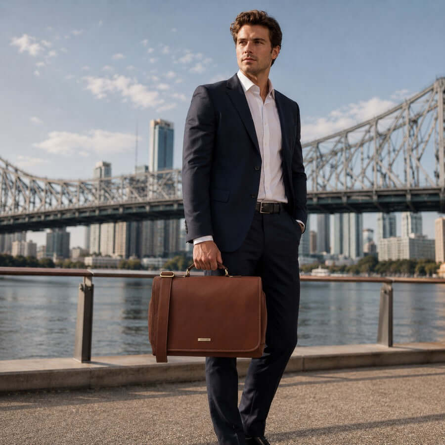 Professional carrying a brown leather business briefcase beside a city waterfront