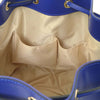 Internal Pocket View Of The Blue Leather Bucket Bag