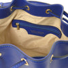 Internal Zip Pocket View Of The Blue Leather Bucket Bag
