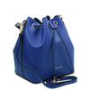 Angled and Shoulder Strap View Of The Blue Leather Bucket Bag