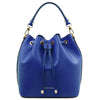 Front View Of The Blue Leather Bucket Bag