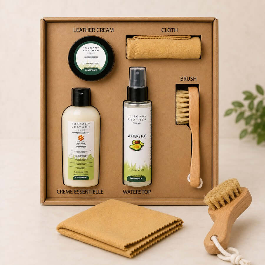 Leather care kit with cream, brush and cloth for maintaining leather bags