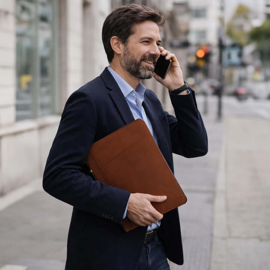 Man holding a brown leather document case suitable as a professional anniversary gift