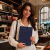 Woman holding a Dark Blue Leather Document Case With Ring Binder in a stylish stationery store.